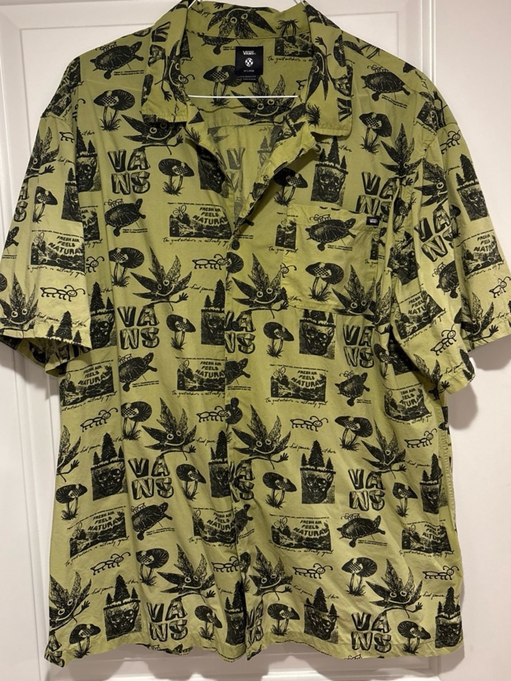 Vans Olive Green Short-Sleeve Button-Up Shirt with Black Print